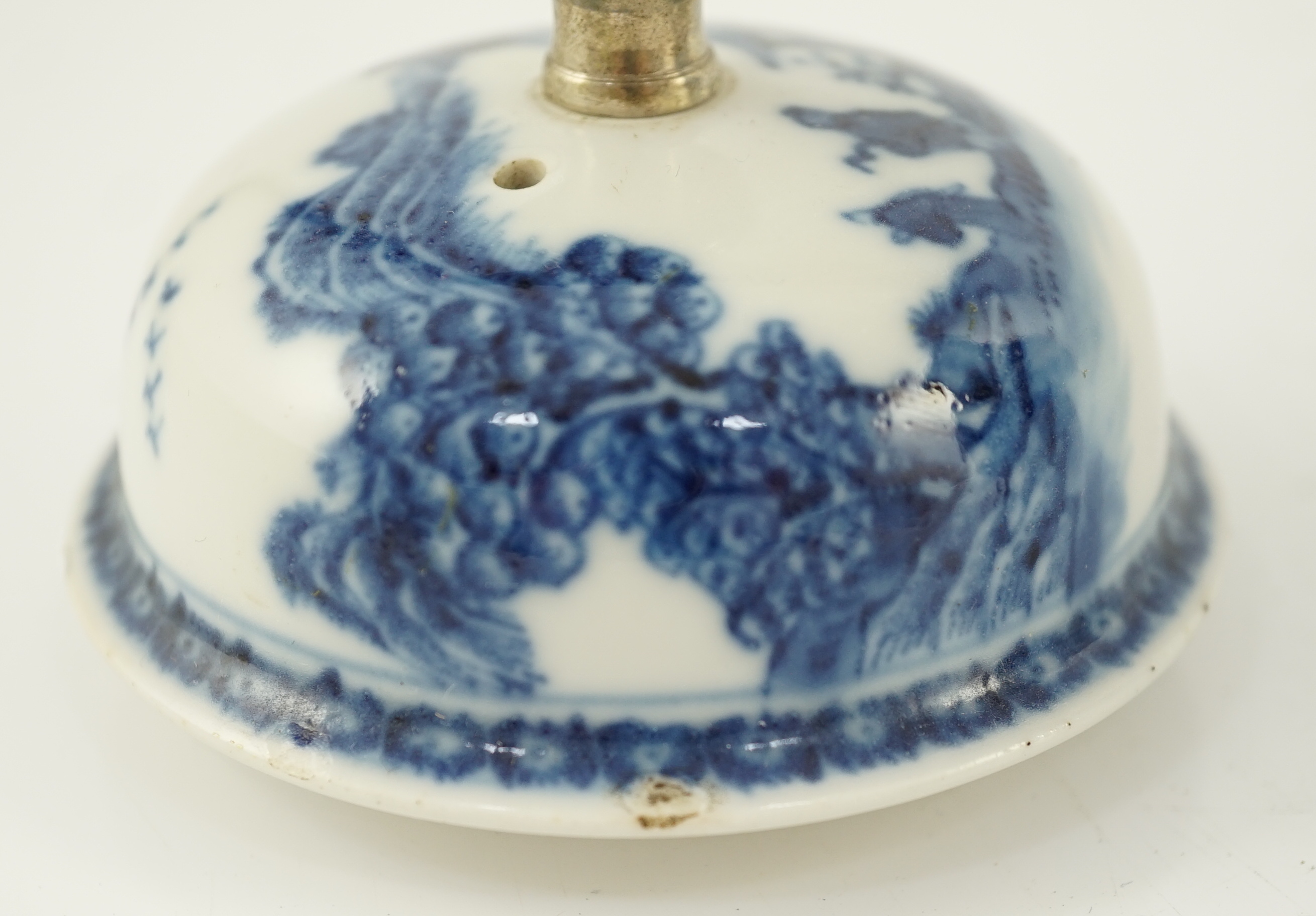 A Chinese blue and white jug and cover, Qianlong period, later metal finial